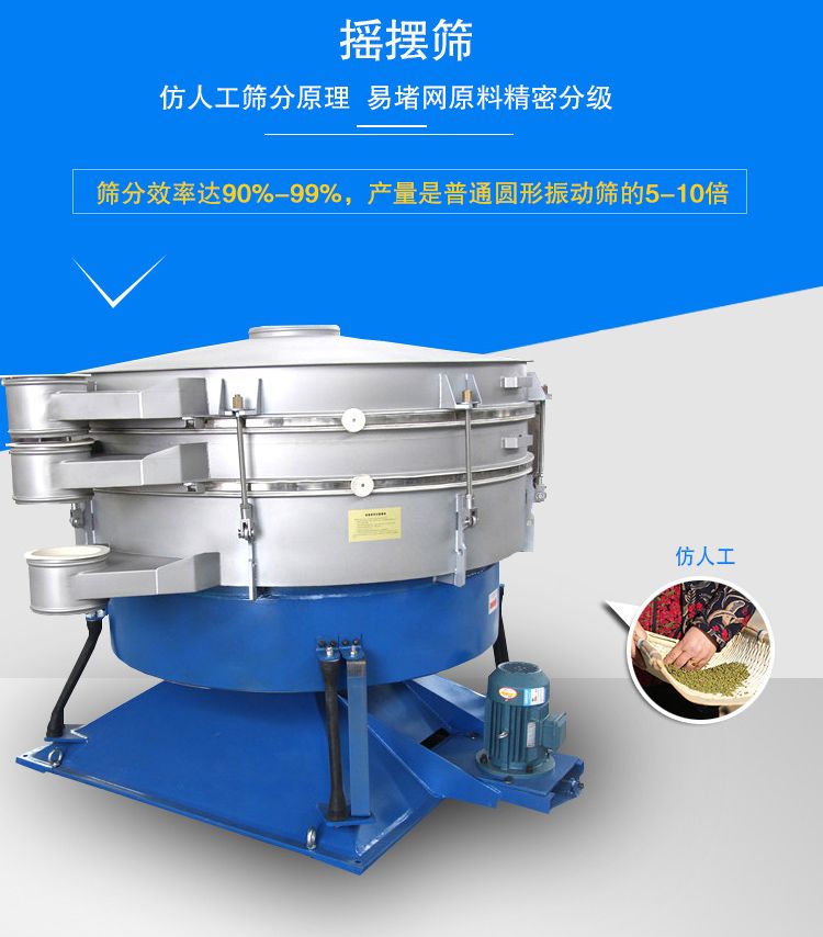 搖擺篩適合精細(xì)和超細(xì)范圍的粉末和微粒狀物料，產(chǎn)量大、精度高